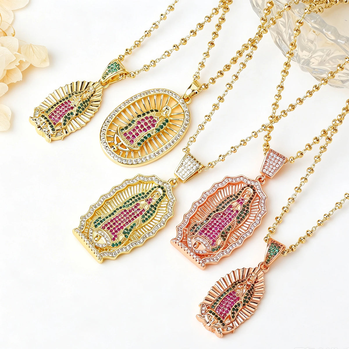 Catholic Protection Gift Virgen De Guadalupe Pendant Necklace Colored Zircon Religious Beaded Chain Faith Jewelry for Men Women